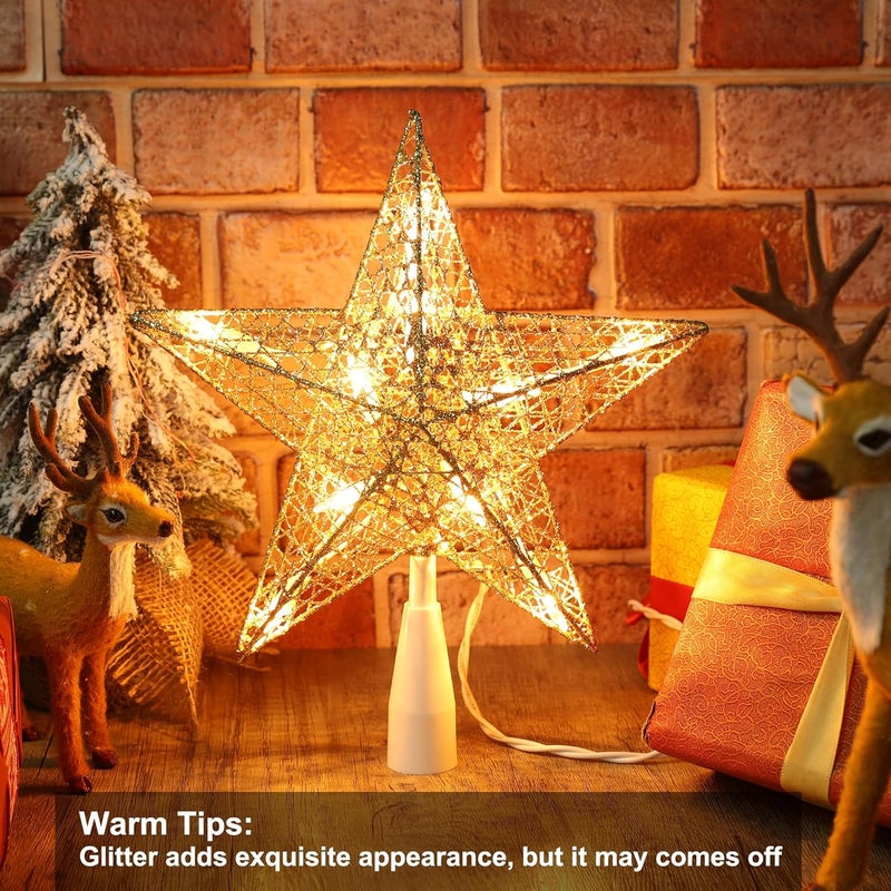 BRIZLER Gold Christmas Tree Topper, 9“ Hollow-Out Star Tree Topper with 10 Warm White Lights, Pre-lit 5 Point Star Treetop, 120V UL Listed Lighted Treetop for Christmas Tree Home Decoration - Image 4